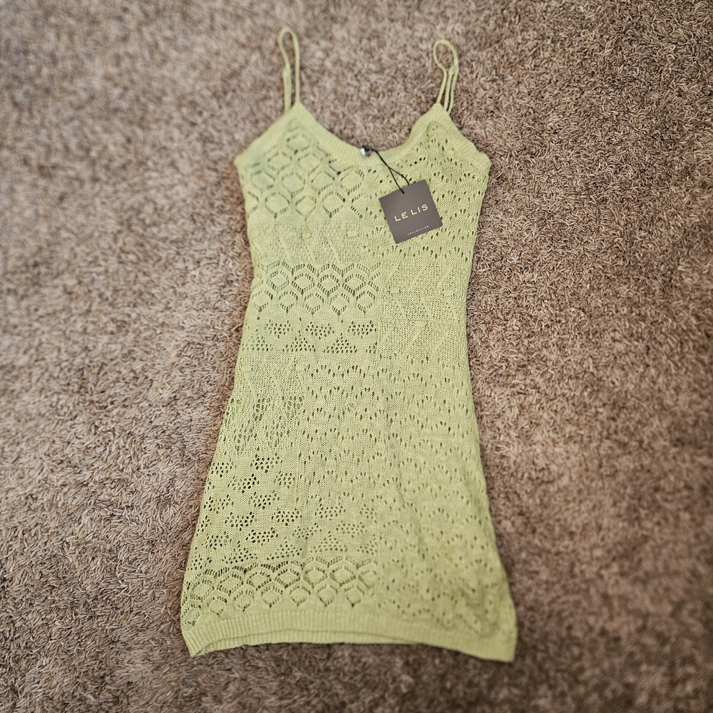NWT Le Lis‎ Large Green Knit Spaghetti  Straps Dress Crochet Short